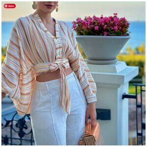 Anthropologie tie-front balloon sleeve striped top